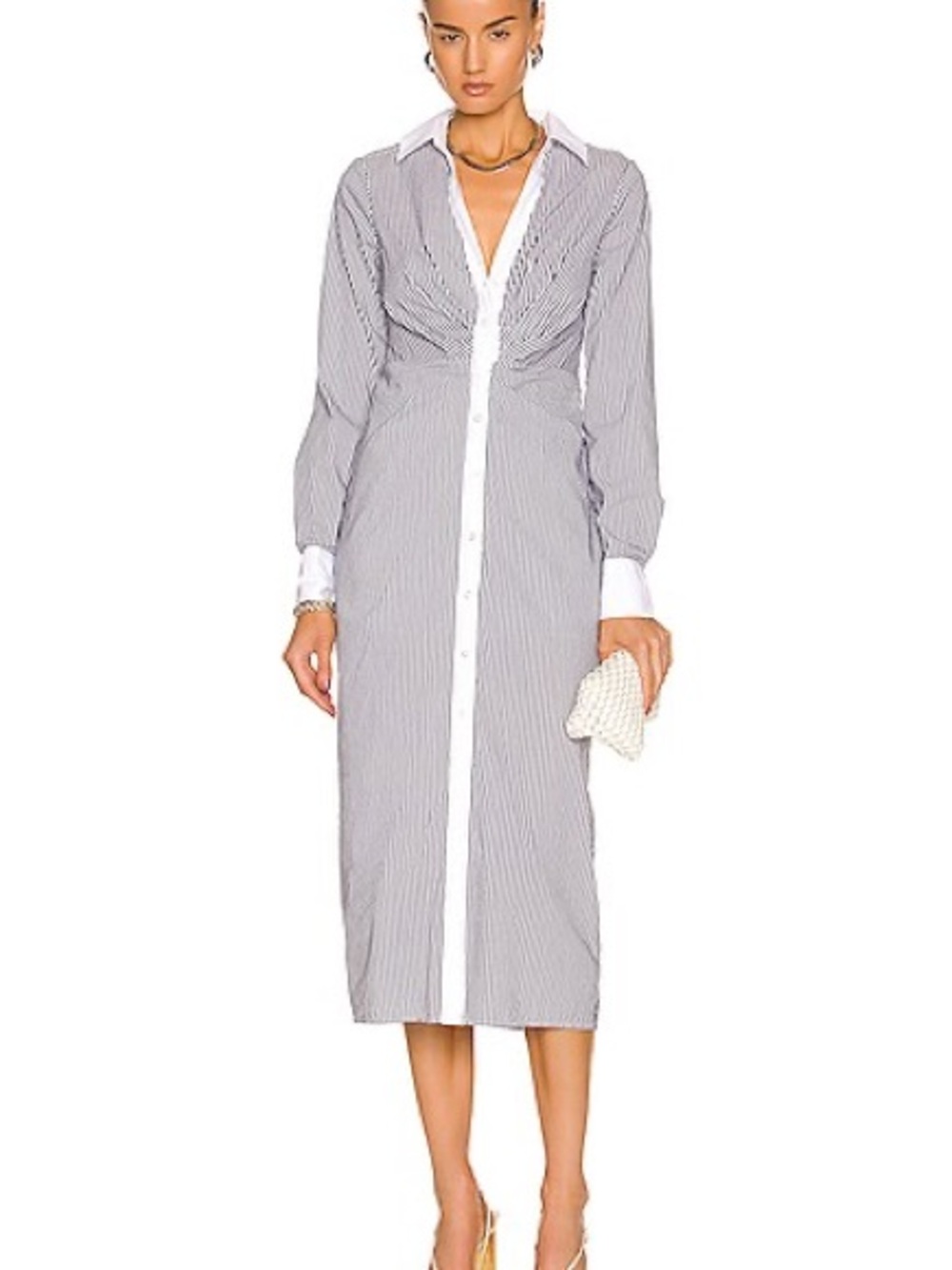 Veronica Beard Gray Pinstripe Button-Front Midi Shirt Dress with White Trim